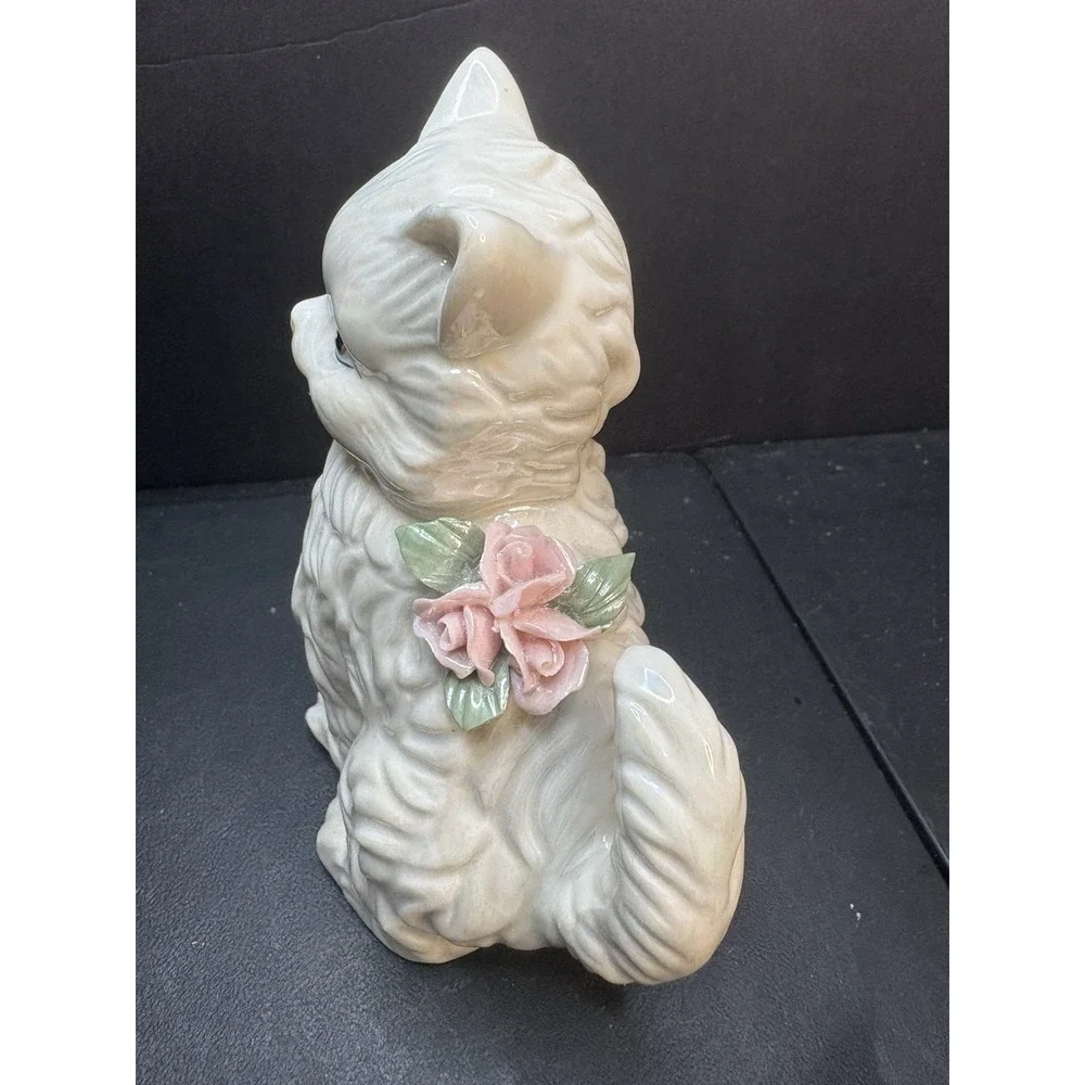 Vintage Cat Figurine With Flowers White Long Hair Ceramic Feline Paw Raised
